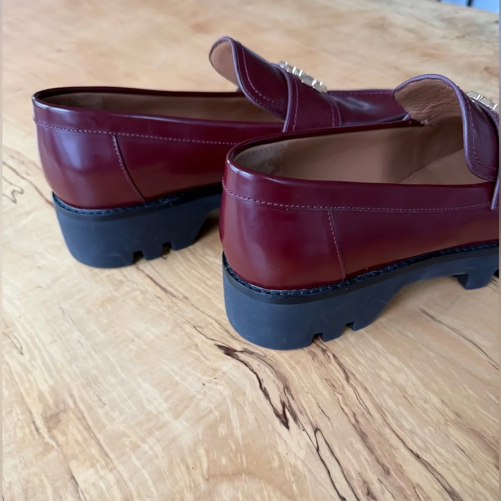 NWT Tory Burch Mini Everly Chunky Loafers Logo Burgundy, 9